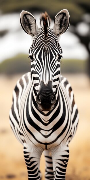 zebra in piedi in un campo con alberi sullo sfondo generativo ai