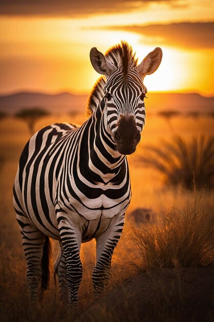 Zebra in piedi nel prato prima del tramonto