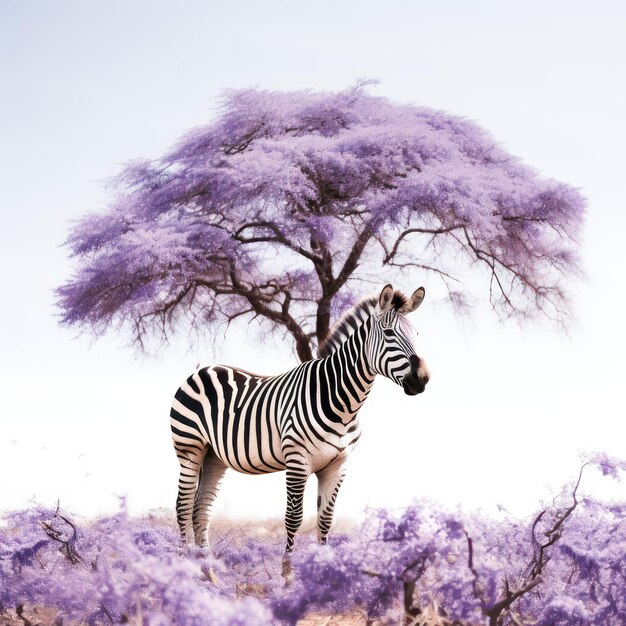 zebra in piedi sotto l'albero di jacaranda