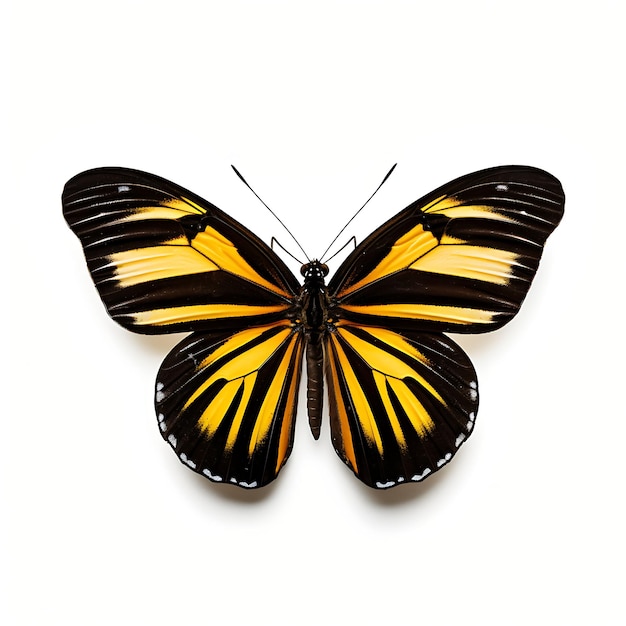 Zebra Longwing Butterfly Strisce lunghe nere e gialle su sfondo bianco Tiro con vista dall'alto di bellezza