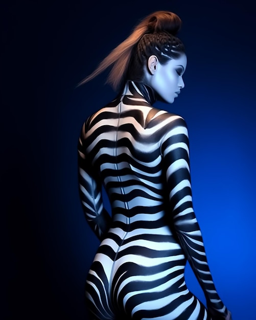 Zebra modello dipinto pelle di tutto il corpo calda ragazza modello attraente con stile capelli coda di cavallo