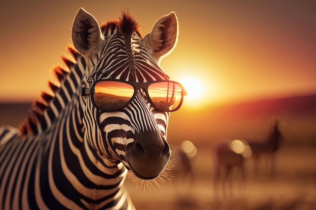 Zebra nella savana Fauna selvatica africana sullo sfondo del tramonto Giornata dell'Africa Creata Generative Ai