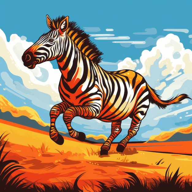 Zebra vibrante del fumetto che corre attraverso la savana