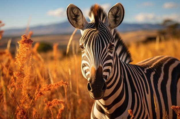 Zebre al pascolo nella soleggiata pianura africana con strisce contrastanti in armonia naturale generativa IA