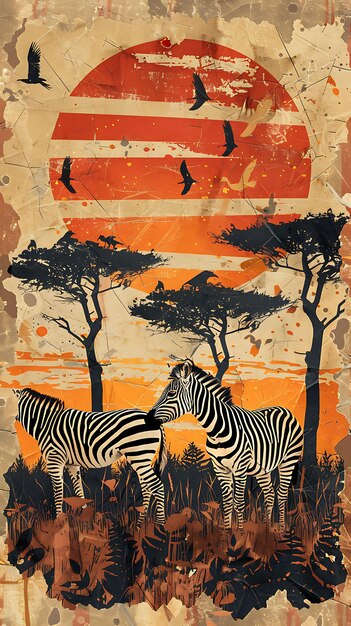 Zebre con erba e alberi in stile collage L'illustrazione della consistenza della Savannah Decorazione di sfondo di tendenza