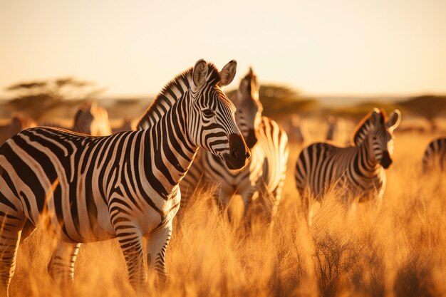 Zebre splendide a righe che vagano sotto il sole africano