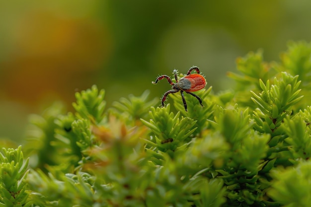 Zecca con il dorso rosso su una pianta verde