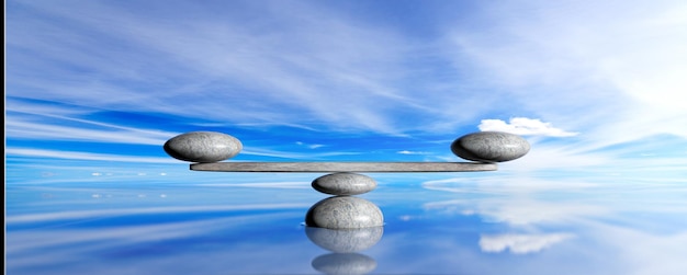 Zen pietre su un cielo blu e mare sfondo 3d'illustrazione