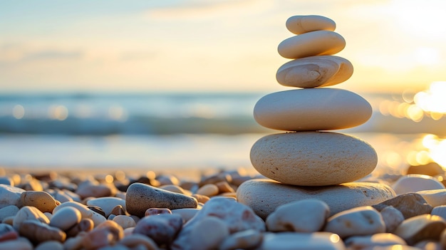 Zen sulla spiaggia Una torre di pietre in equilibrio contro la costa