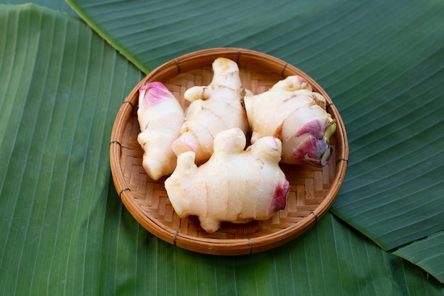 Zenzero giovane in cesto di bambù su foglia di banana