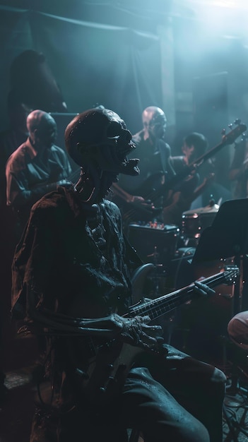 Zombie band scolastica che si esercita scena inquietante luce media scatto armoniosa esibizione di non morti iper-realistica