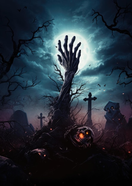 Zombie che esce da un cimitero cimitero spaventoso notte di Halloween Ai generativa