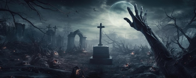 Zombie che esce da un cimitero spaventoso notte di Halloween Ai generativa