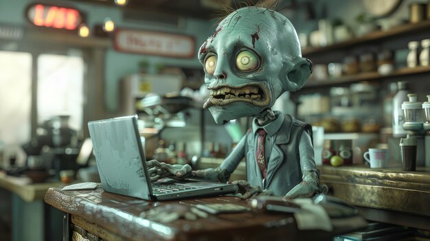 Zombie in stile cartone animato che lavora su un portatile in un caffè 3D renderizzato in 8K