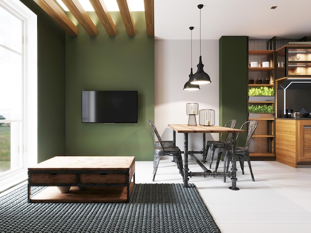 Zona con TV in monolocale con cucina in stile loft