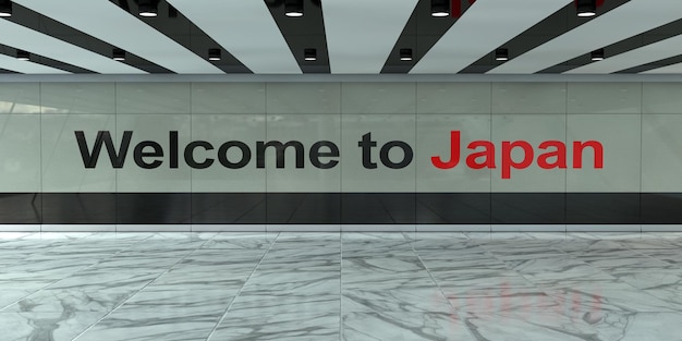 Zona di arrivo internazionale dell'interno della stazione degli autobus o dei treni dell'aeroporto con il rendering 3d del segno di benvenuto in Giappone