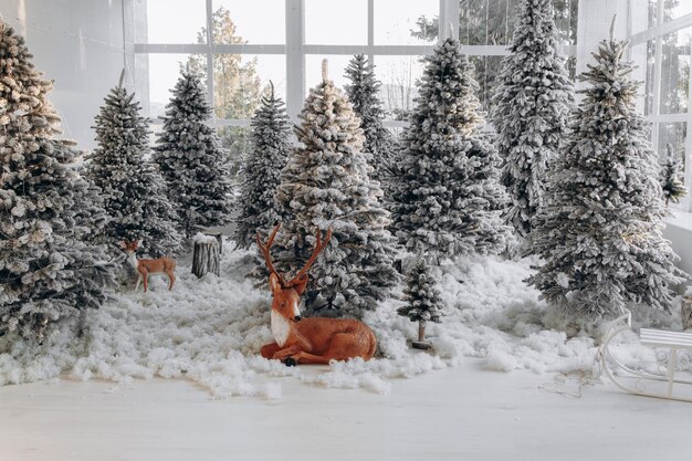 Zona fotografica di capodanno con neve vicino a un bar panetteria Decorazioni natalizie giocattoli Alberi di Natale panca ghirlanda lampadine incandescenti umore festivo immagine per cartolina