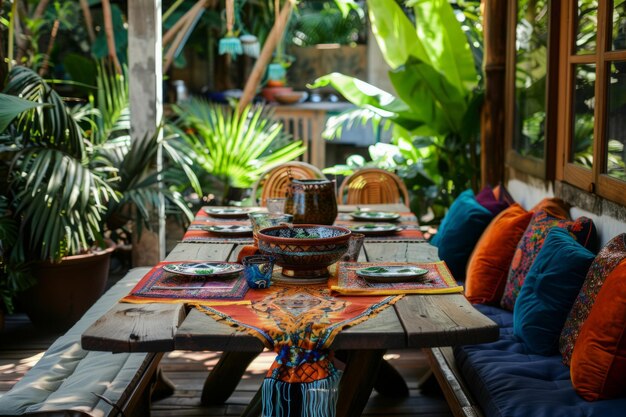 Zona pranzo all'aperto con cuscini e sedie colorate vibranti AI generativa