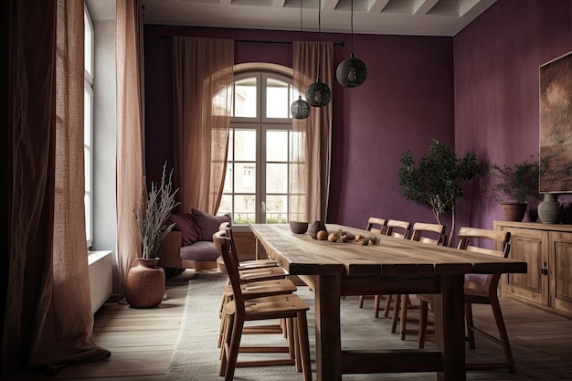 Zona pranzo in una fattoria con un tavolo di legno e sedie color beige e viola Pareti in gesso un interno bohémien