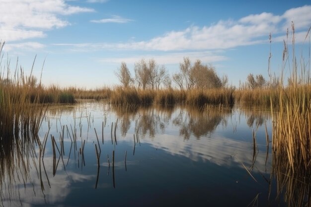 Zona umida con alti canneti e riflessi del cielo nell'acqua creata con intelligenza artificiale generativa