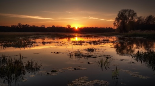 Zona Umida Un Lago Sereno Che Riflette Un Tramonto Incredibile