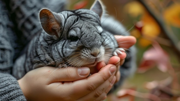 Zoo accarezzato con le mani che accarezzano delicatamente la morbida pelliccia di una chinchilla