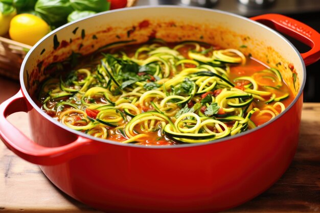 Zoodle che bollono in una pentola rossa con condimenti