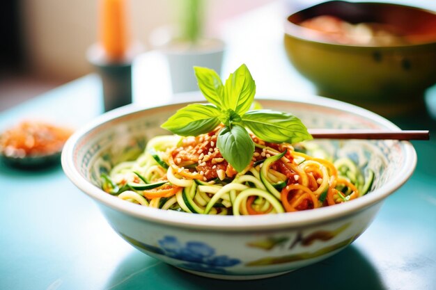 Zoodles con salsa di pomodoro in una ciotola di ceramica