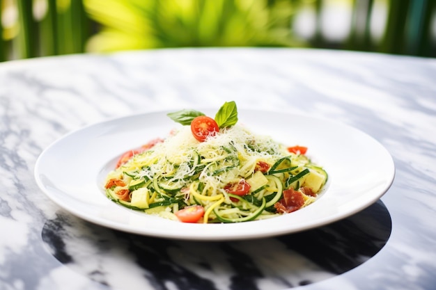 Zoodles coperti di parmigiano e foglie di basilico