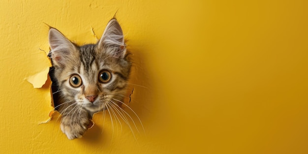 Zoom nella foto di rompere il muro giallo e il gatto nel buco giallo AIGX03