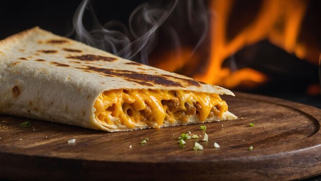 Zoom sugli strati d'acqua in bocca di formaggio affumicato in un primo piano di una quesadilla a legna