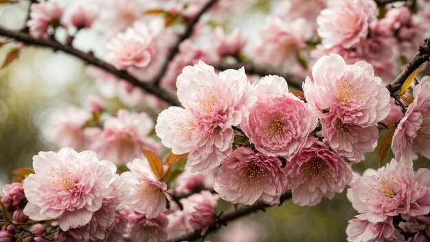 Zoomare i dettagli intricati dei fiori di ciliegio giapponese sullo sfondo della natura lussureggiante