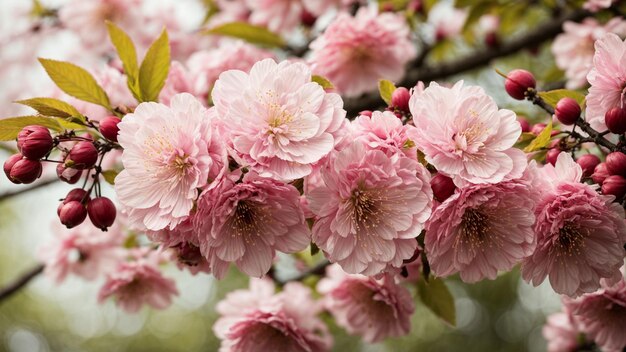 Zoomare i dettagli intricati dei fiori di ciliegio giapponese sullo sfondo della natura lussureggiante