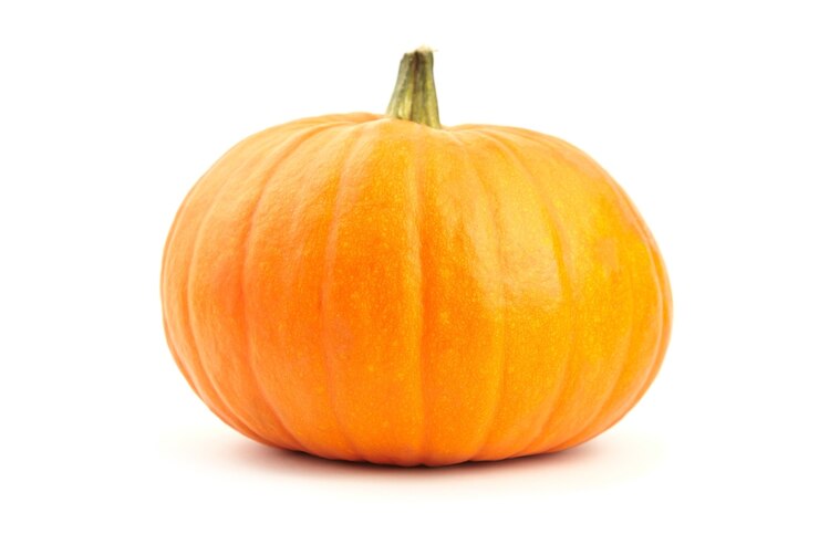 Zucca arancione fresca di autunno isolata su fondo bianco