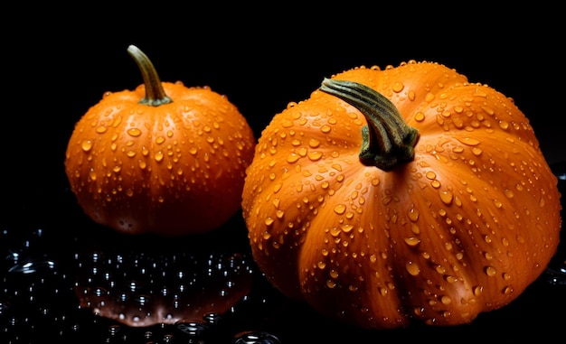 Zucca arancione su sfondo nero con gocce d'acqua Concetto di Halloween o del Ringraziamento