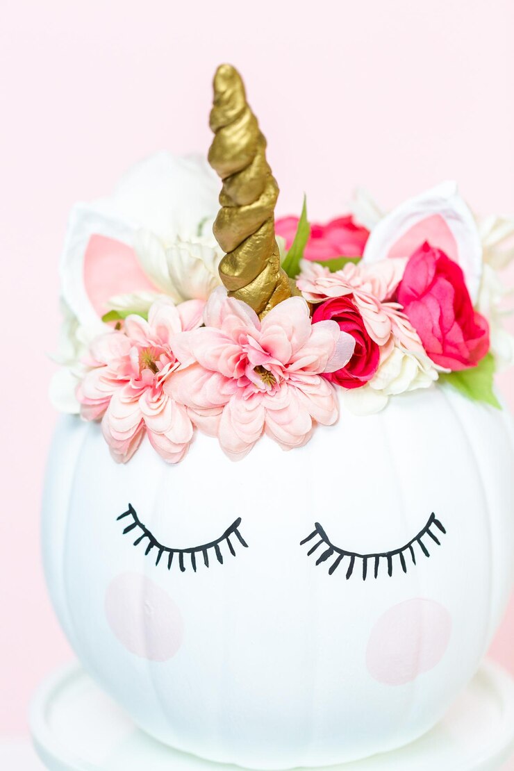 Foto zucca artigianale dipinta di bianco e decorata con fiori rosa come unicorno su sfondo rosa.