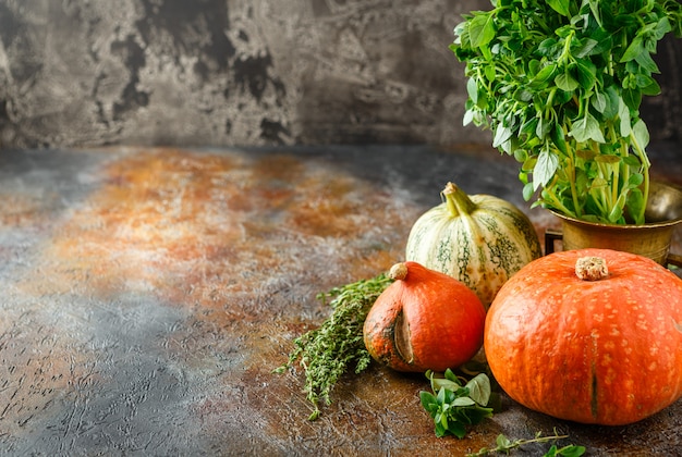 Zucca, basilico e timo su un tavolo arrugginito