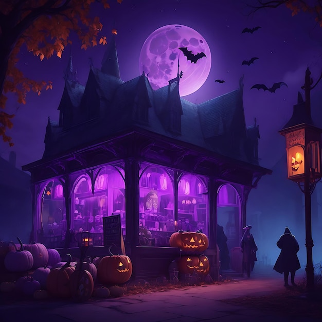 Zucca celebrativa di Halloween e castello oscuro con cimitero Luna spettrale generata dall'intelligenza artificiale