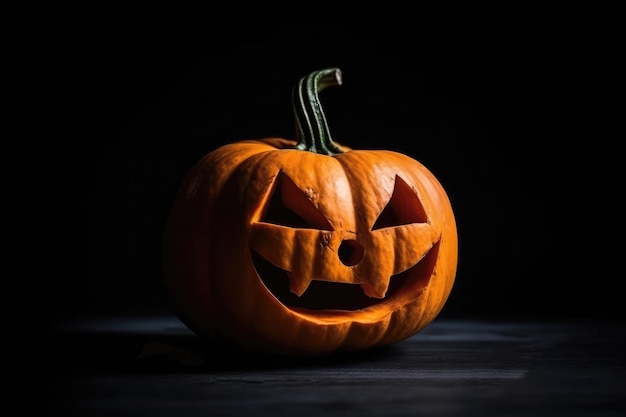 Zucca con faccia buffa su sfondo nero sul lato posto per copiare Halloween Generative AI