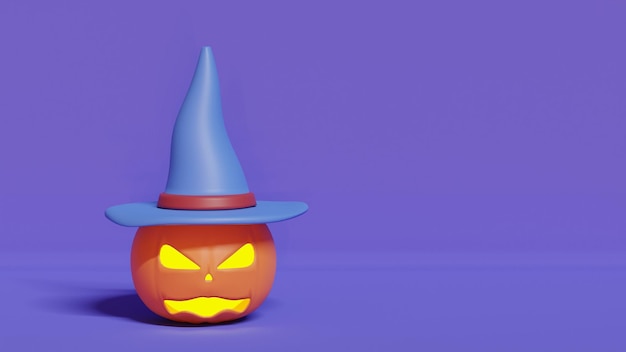 Zucca con occhi luminosi in un cappello. Illustrazione stilizzata di Halloween 3d.