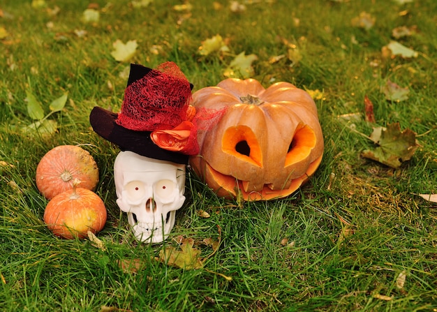 Zucca con occhi tagliati e un sorriso e un teschio su erba e foglie di autunno