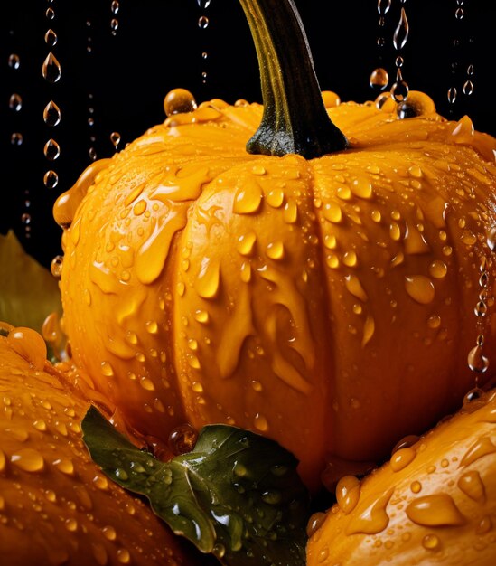 Zucca con spruzzi d'acqua su sfondo nero