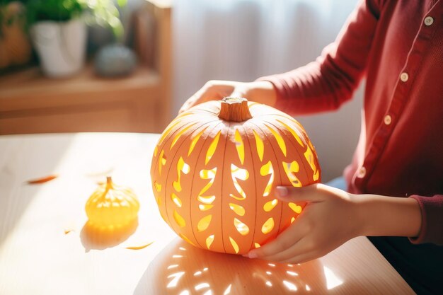 Zucca creativa che taglia il divertimento di Halloween fai da te della bambina