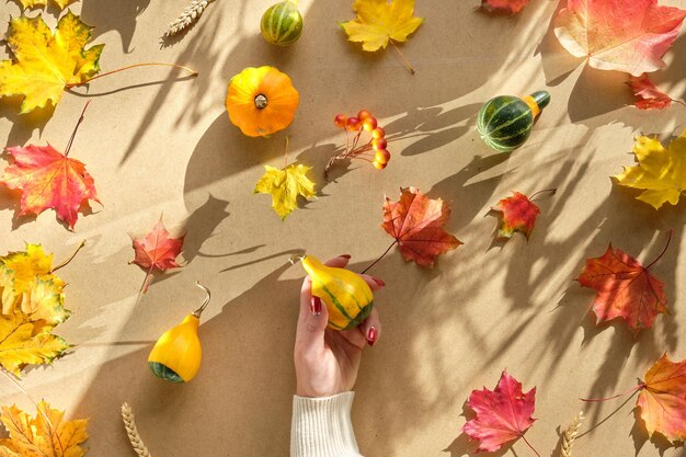 Zucca decorativa in mano femminile Foglie e zucche autunnali su sfondo beige riciclato