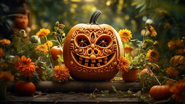 zucca di Halloween con fiore Generative Ai