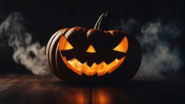 Zucca di Halloween con fumo su sfondo nero Grande simbolo spettrale di Helloween generato dall'intelligenza artificiale