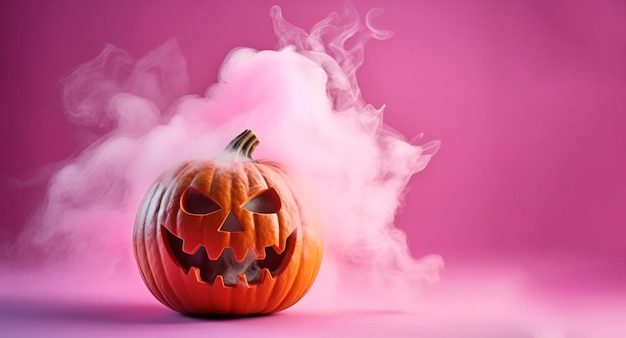 Zucca di Halloween con fumo su uno sfondo rosa ai generativo