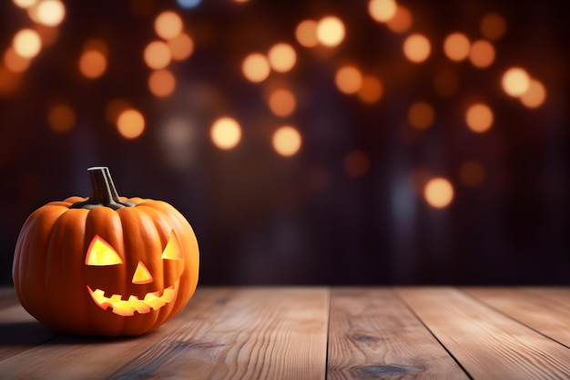 zucca di Halloween con lanterna su legno con sfondo bokeh di notte Generative ai