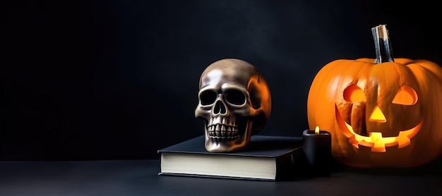 Zucca di Halloween con libro candela nera e teschio su sfondo nero Concetto di Halloween