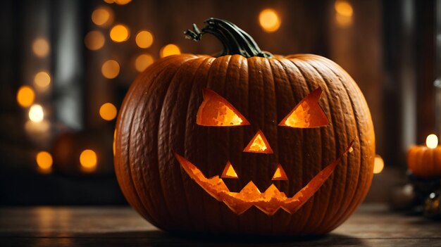 zucca di halloween con luci e atmosfera oscura